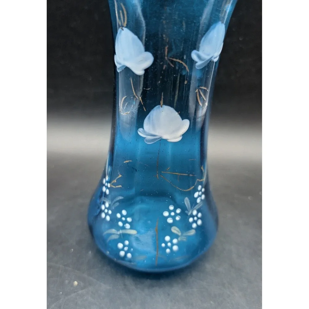 Vintage Blue Hand Blown Glass Ruffled Rim Vase Hand Painted Floral Gold Accents